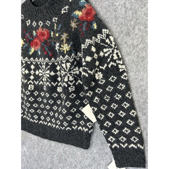 Nordic Traditional Hand Knit Shetland Wool Pullover Fair Isle Gray Rose Size M - Picture 2 of 9